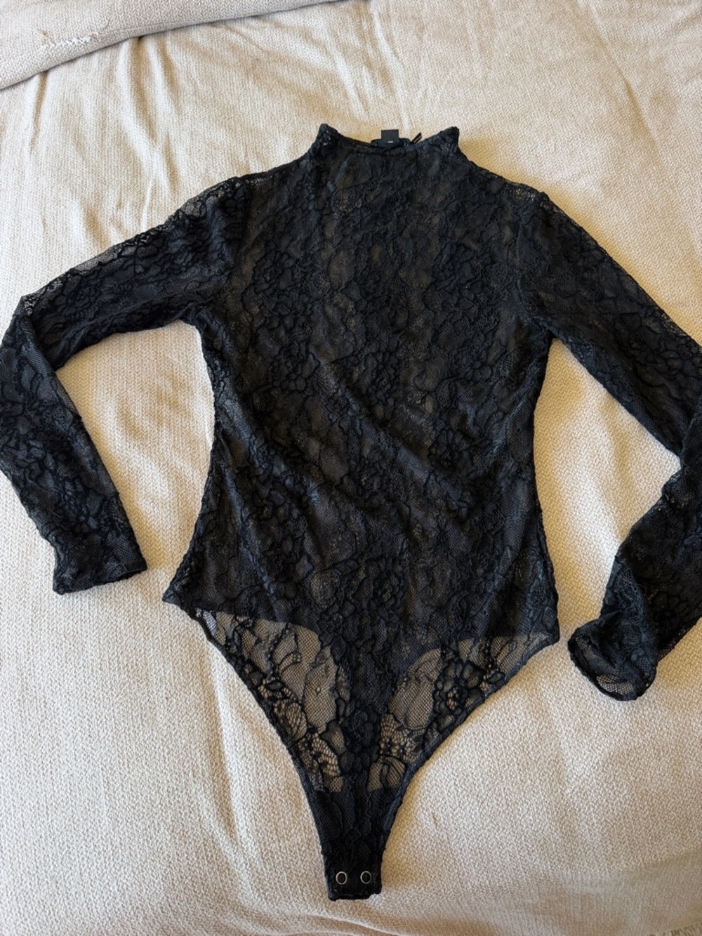 Good American Black Sheer Lace Long-Sleeve Mock Neck Bodysuit